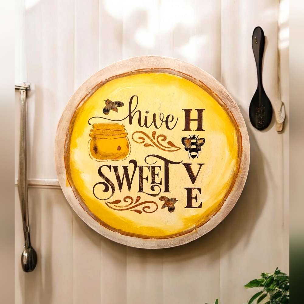 Handpainted HIVE SWEET HIVE sign with honey pot and bees
